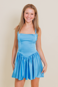 Lucy in the Sky Satin Halter A-Line Dress in Blue