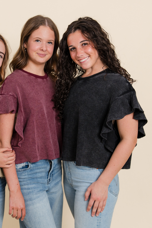 Waffle Knit Flutter Sleeve Top
