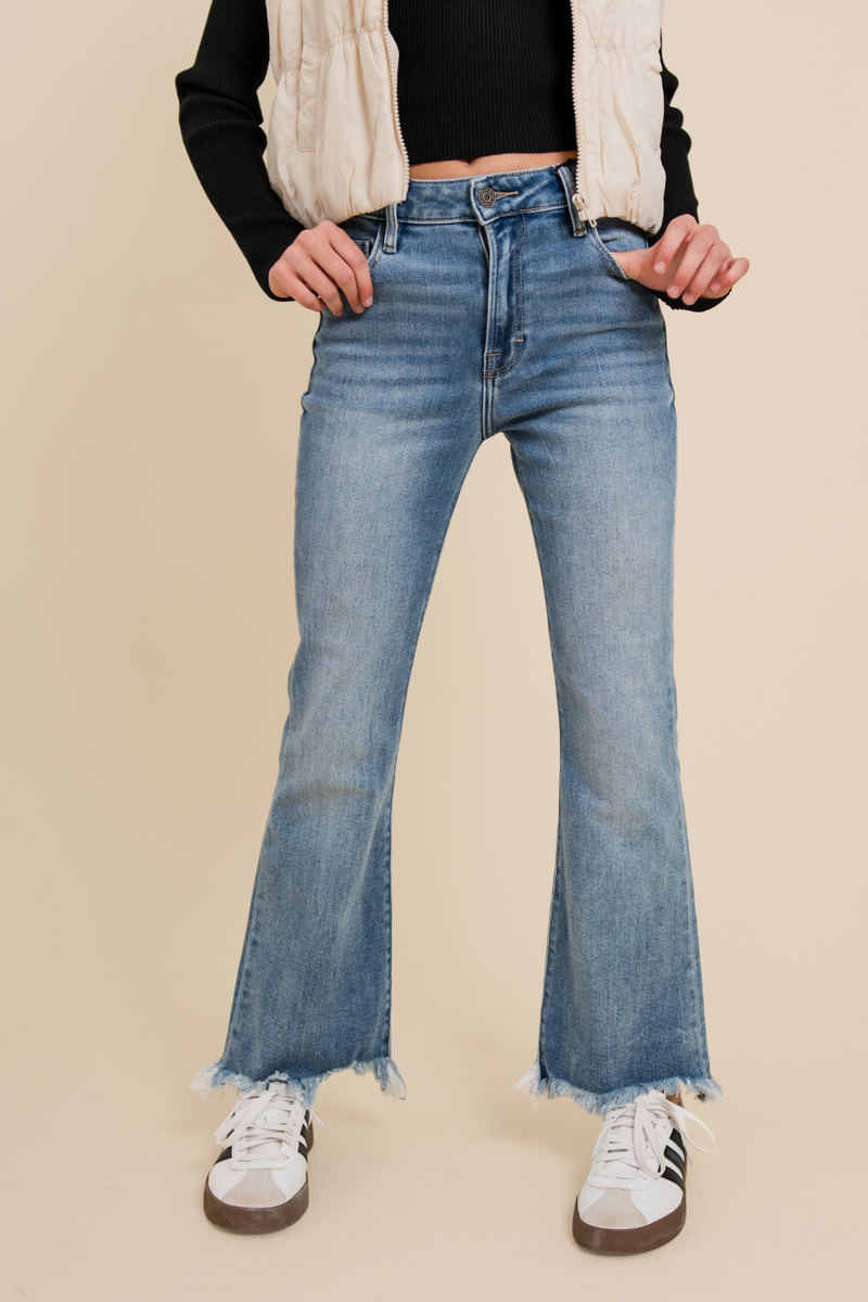 Happi High Rise Frey Hem Crop Flare By HIDDEN