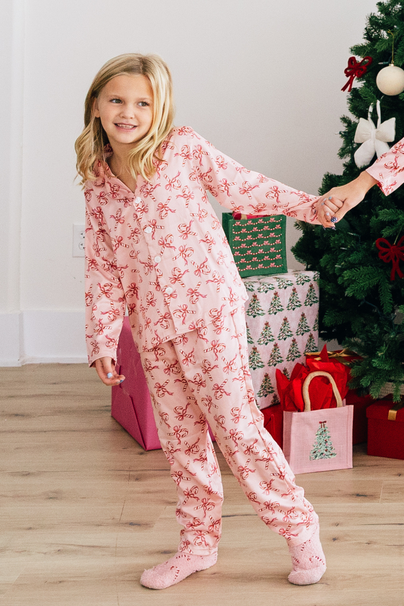Kids Coquette Candy Cane Satin PJ Set