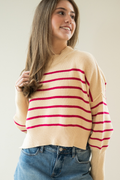 Striped Mock Neck Long Sleeve Sweater in Magenta