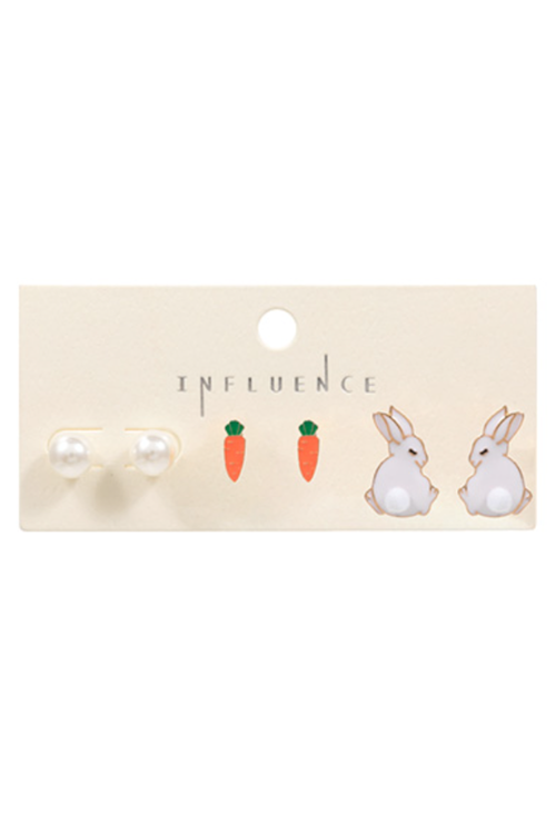 Pearl & Bunny & Carrot Earrings Set