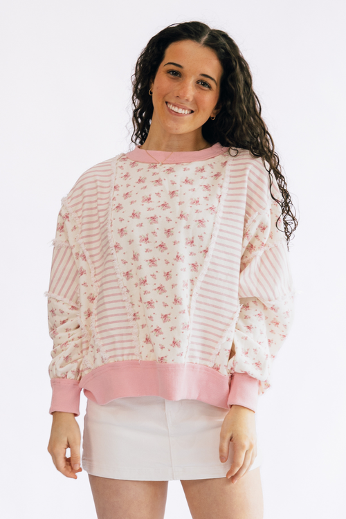 Floral Print Patchwork Pullover By Peach Love California