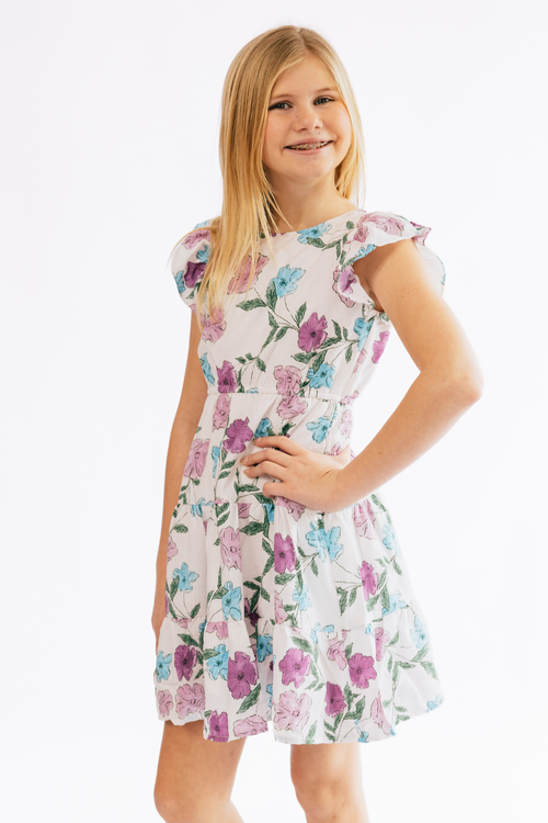 Girls Floral Print Ruffle Sleeve Dress