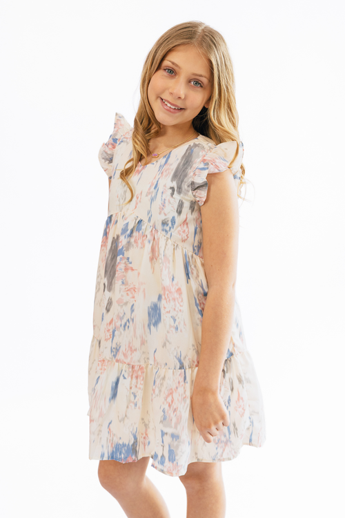 Girls Watercolor V Neck Tiered Ruffle Dress