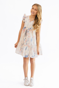 Girls Watercolor V Neck Tiered Ruffle Dress