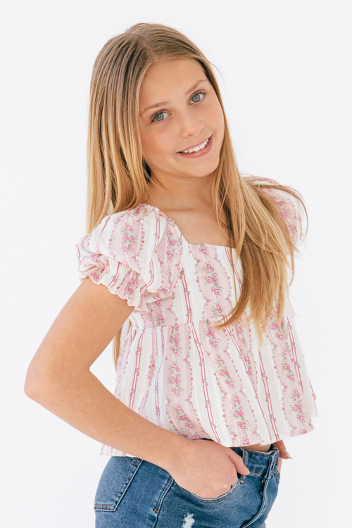 Girls Meena Top in Pink Cottage Stripe by Katie J NYC