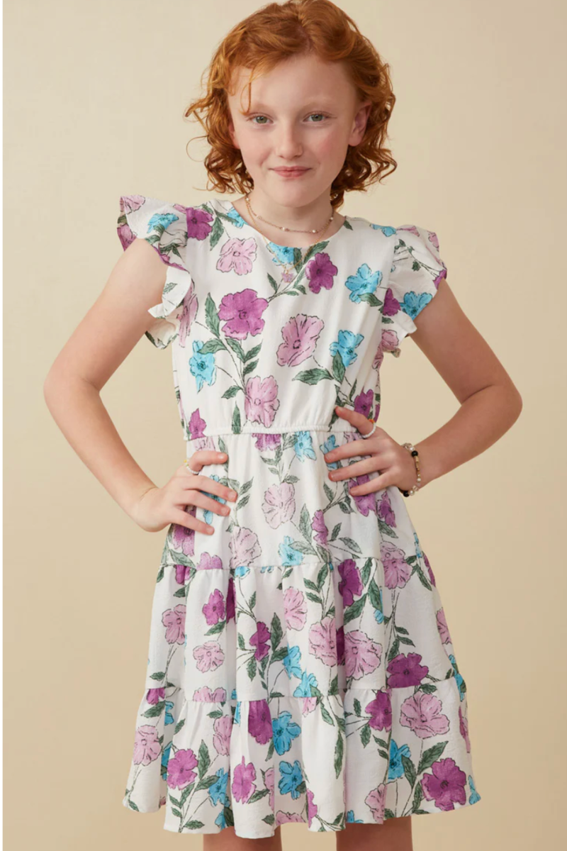 Girls Floral Print Ruffle Sleeve Dress