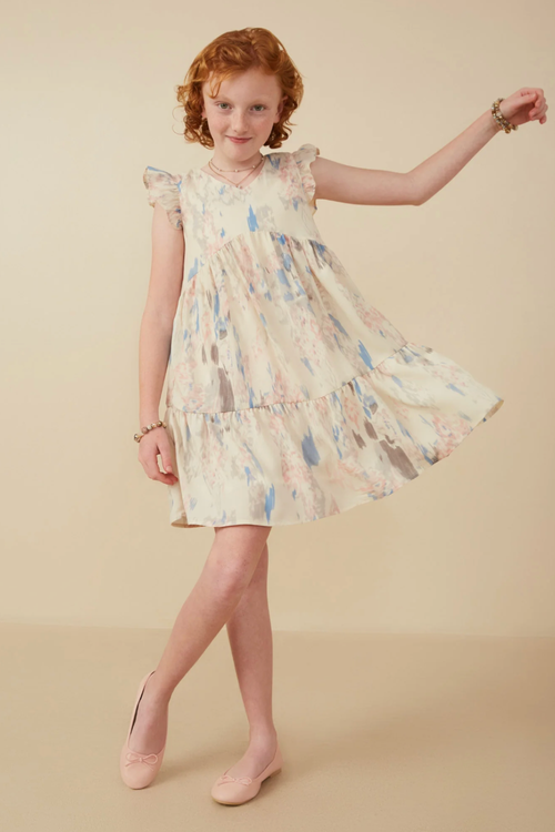 Girls Watercolor V Neck Tiered Ruffle Dress