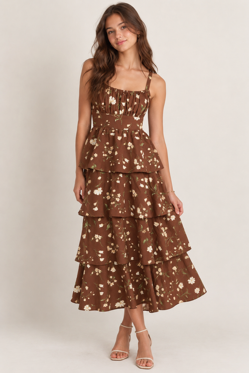 Floral Ruffle Tiered Back Tie Spaghetti Midi Dress