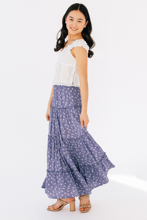 Girls Poppy Skirt in Blue Blossom by Katie J NYC