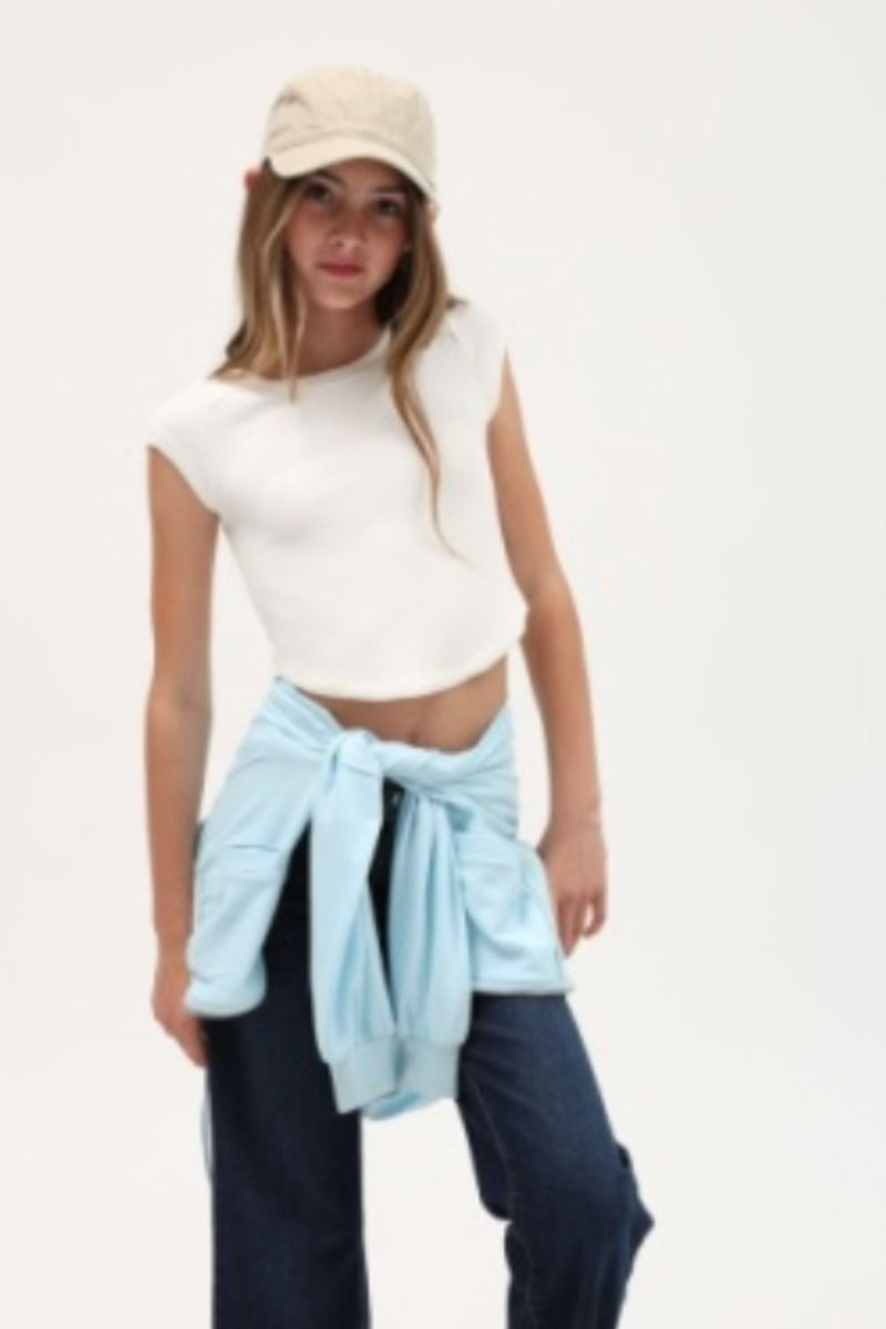 Rib Exposed Cap Sleeve Tee by TENLY