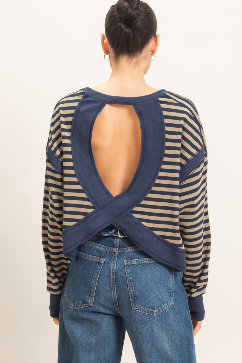 On The Move Stripe Thumb Hole Open Back Top