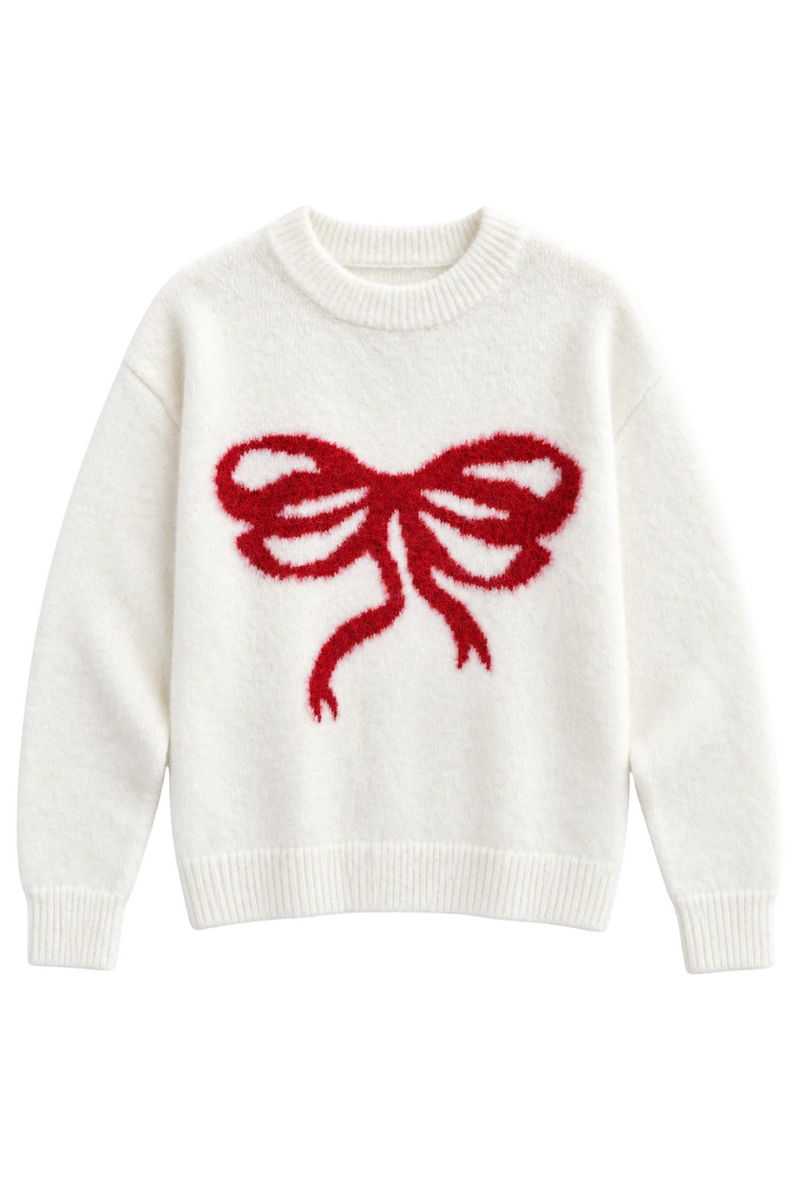 Girls Maggie Bow Sweater in Ivory/Red by Katie J NYC