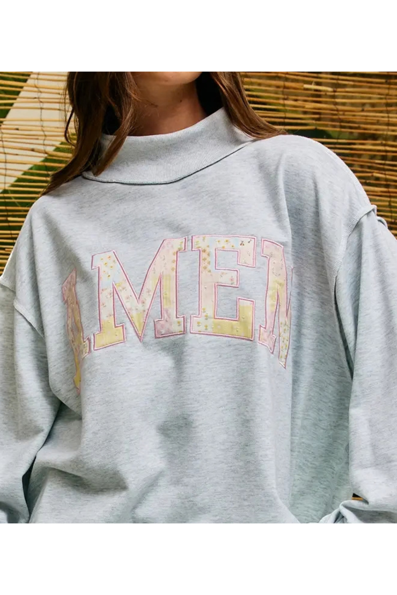 Embroidered "AMEN" Patchwork Mock Neck Sweatshirt