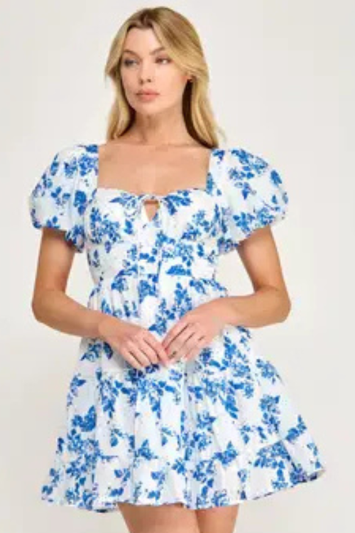 Flower Print Puff Sleeve Mini Dress