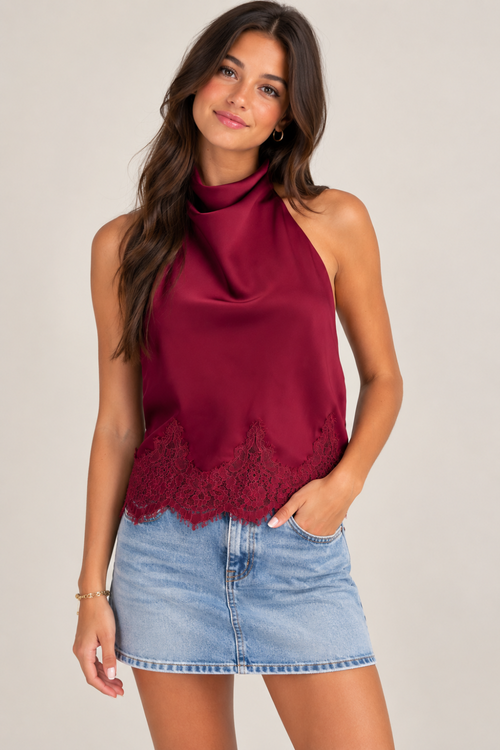Halter Neck Lace Trim Satin Top