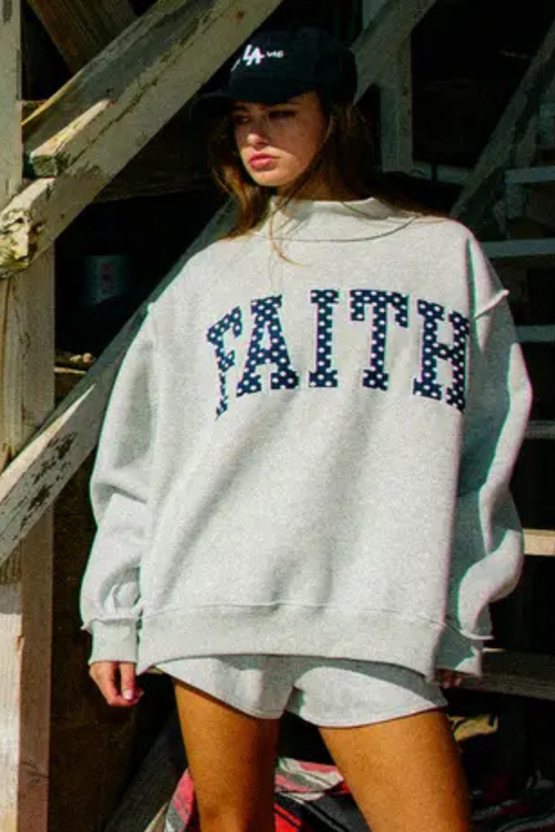 Faith Embroidered Polka-Dot Mock Neck Sweatshirt
