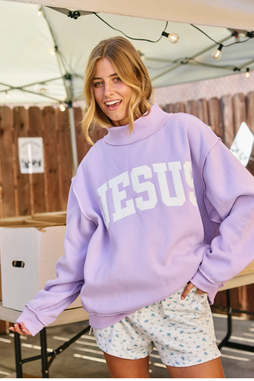 'Jesus' Embroidered Mock Neck Sweatshirt