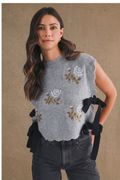 Embroidered Knit Scalloped Vest With Side Bow