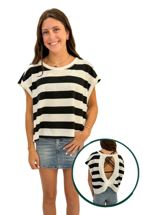 Striped Open Back Boxy Crew Neck Top