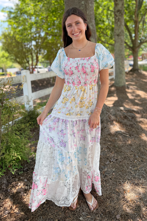Emery Floral Patchwork Puff Sleeve Maxi Dress