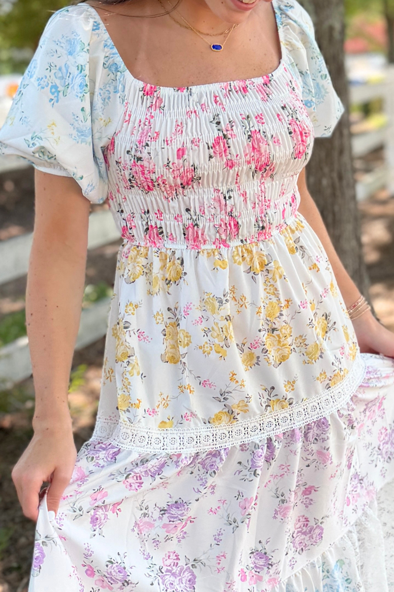 Emery Floral Patchwork Puff Sleeve Maxi Dress