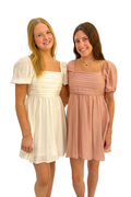 Pleated Bodice Short Puff Sleeve Mini Dress