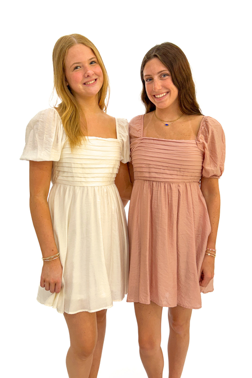 Pleated Bodice Short Puff Sleeve Mini Dress