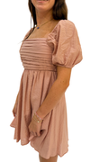 Pleated Bodice Short Puff Sleeve Mini Dress