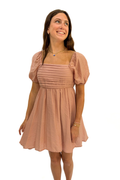 Pleated Bodice Short Puff Sleeve Mini Dress
