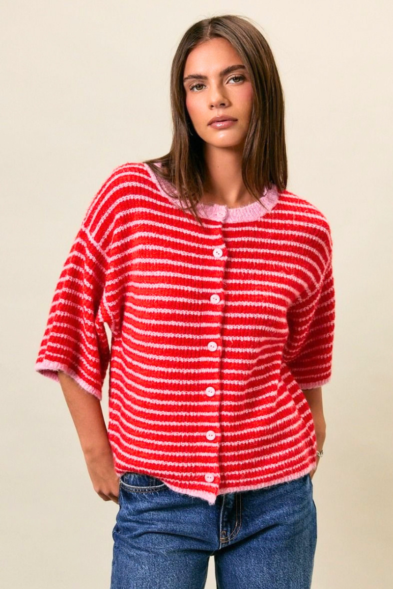 Maeve Stripe Short Sleeve Cardigan Top