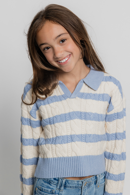 Girls Striped Crop Cable Knit Sweater by Peach Love California