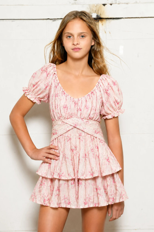 Katie J NYC Girls Delilah Dress in Rose Floral Stripe