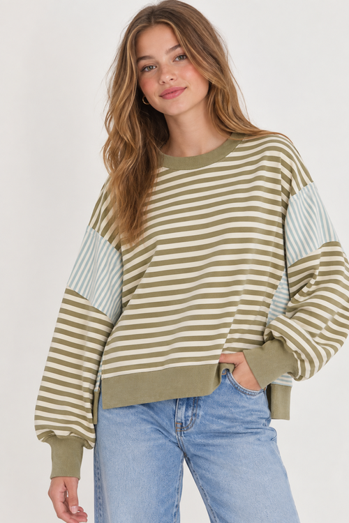 Scooped Neck Line Stripe Sweatshirt