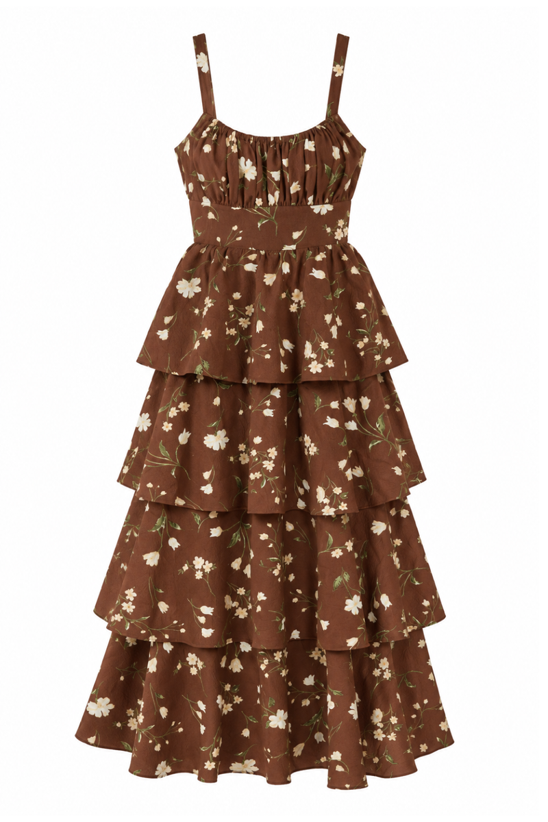 Floral Ruffle Tiered Back Tie Spaghetti Midi Dress