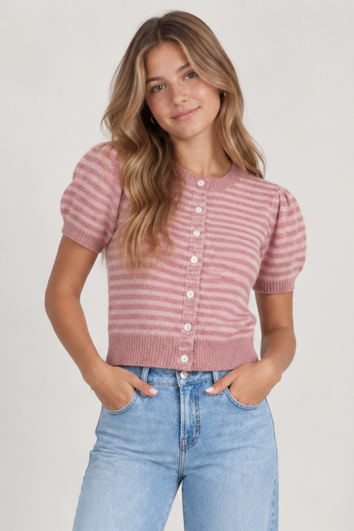 Puff Short Sleeve Stripe Cardigan