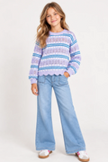 Girls Blue Wavy Crochet Sweater