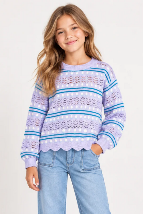 Girls Blue Wavy Crochet Sweater