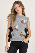 Embroidered Knit Scalloped Vest With Side Bow