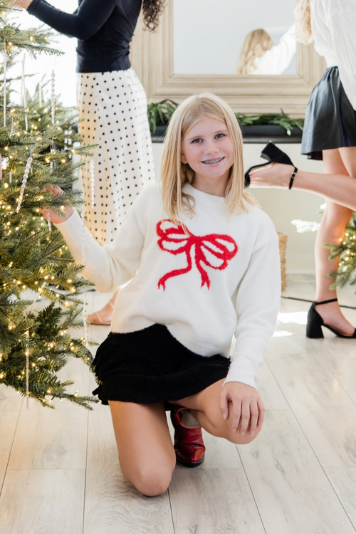 Girls Maggie Bow Sweater in Ivory/Red by Katie J NYC