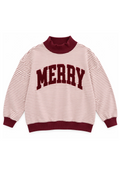 Striped Merry Graphic Oversized Mock Neck Sweatshirt