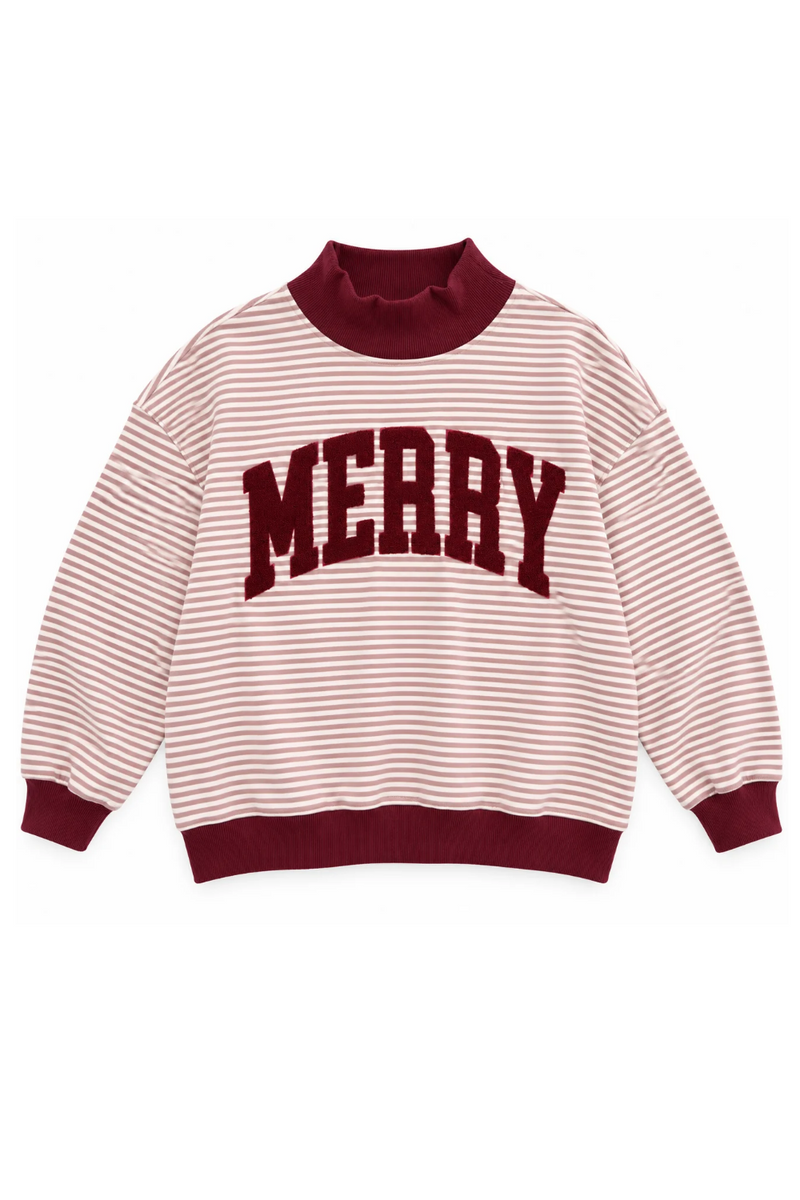 Striped Merry Graphic Oversized Mock Neck Sweatshirt