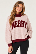 Striped Merry Graphic Oversized Mock Neck Sweatshirt