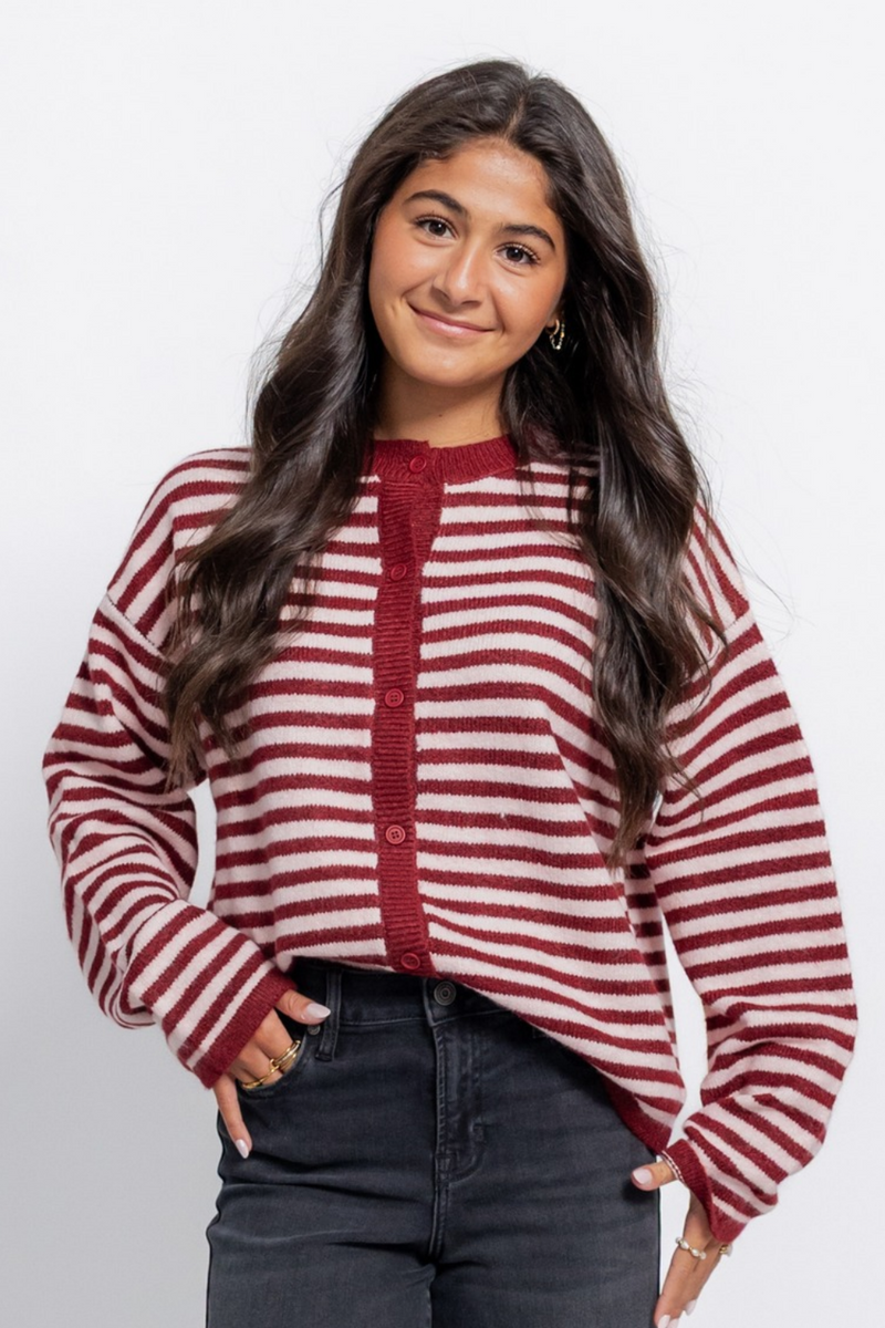 Striped Button Down Contrast Cardigan Top