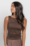 Boat Neck Sleeveless Ruched Detail Seamless Knit Top