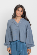 Notch Neck Boxy Long Sleeve Top