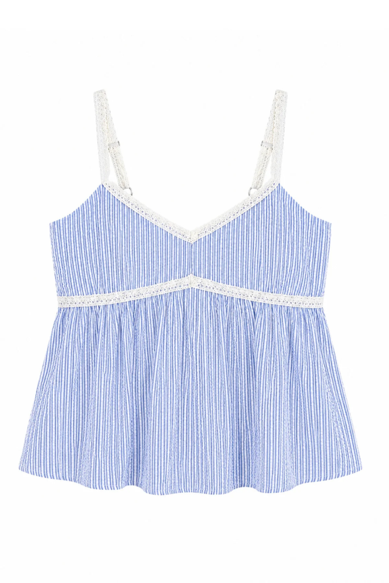 Katie J NYC Juniors Bloom Top in Blue Seersucker