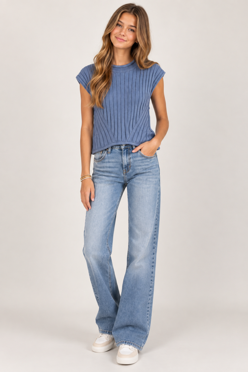 Ribbed Crew Neck Sweater Top