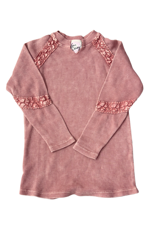 Waffle Knit V-Neck Top with Crochet Lace Detail by Love Daisy